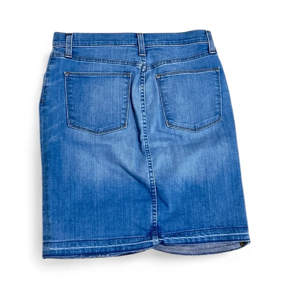 J. Crew Denim mid tone blue pencil mini skirt frayed hem 5 pocket sz 28 waist